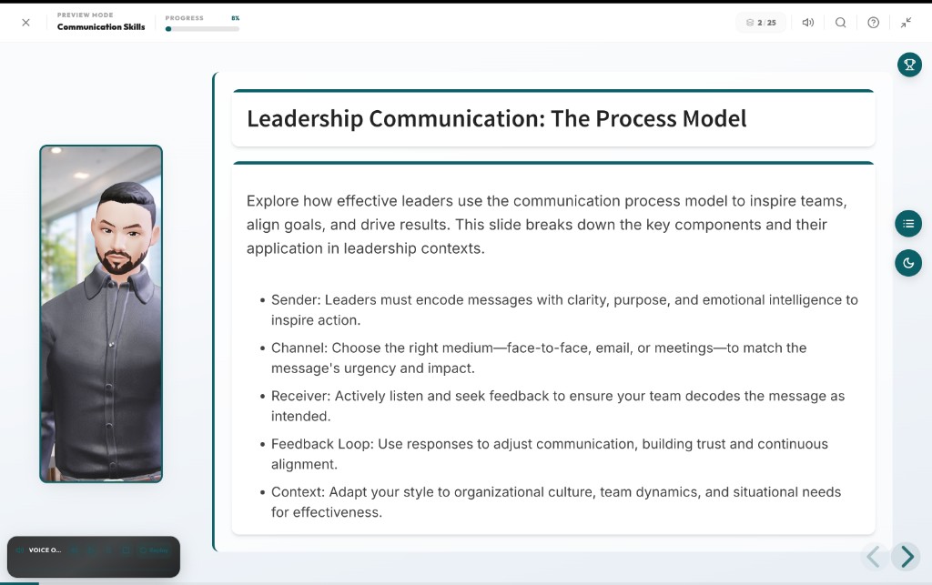 3D AI Avatar slide delivering Leadership Communication content in Innovito Studio