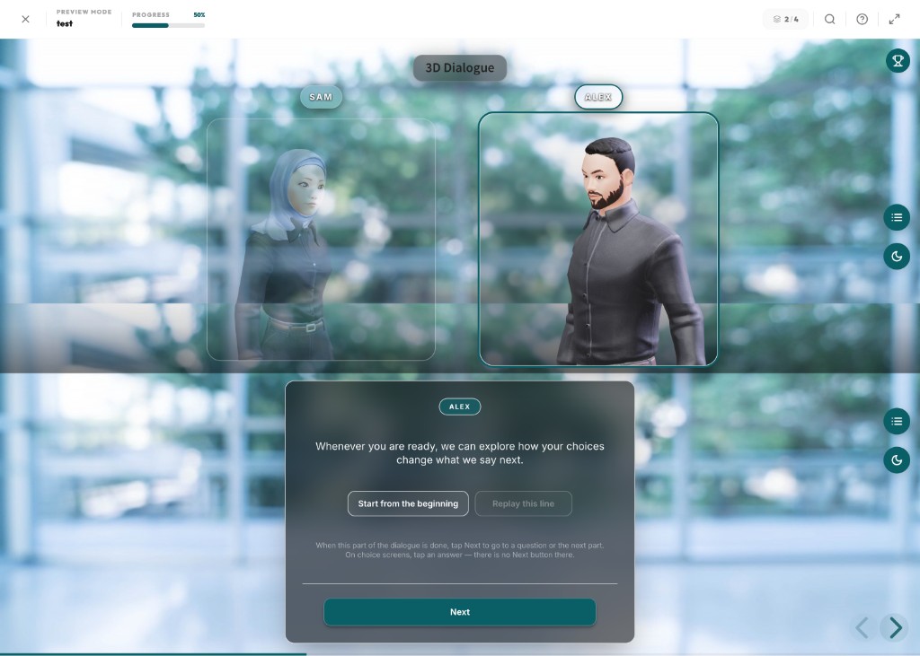 3D Dialogue slide in preview: two avatars (Sam and Alex), active speaker frame, and dialogue panel with Next and replay controls