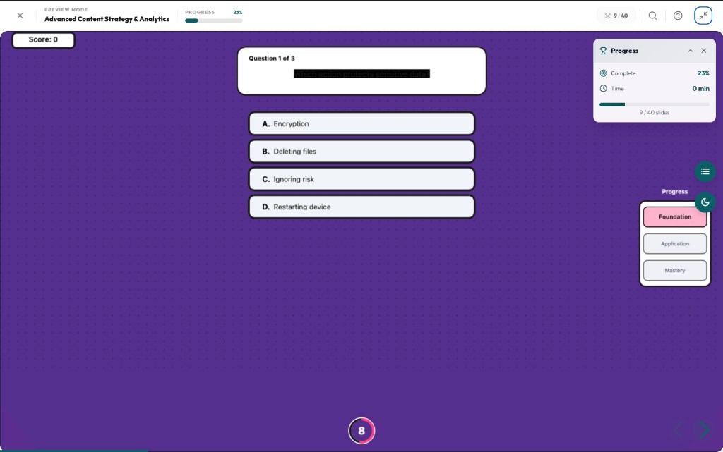 Knowledge Challenge quiz with multiple-choice questions and progress tracking