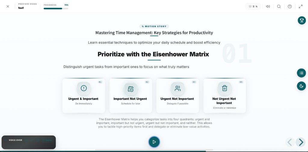 Motion Story slide: Eisenhower Matrix example with four priority cards, title, subtitle, and voice-over bar in preview