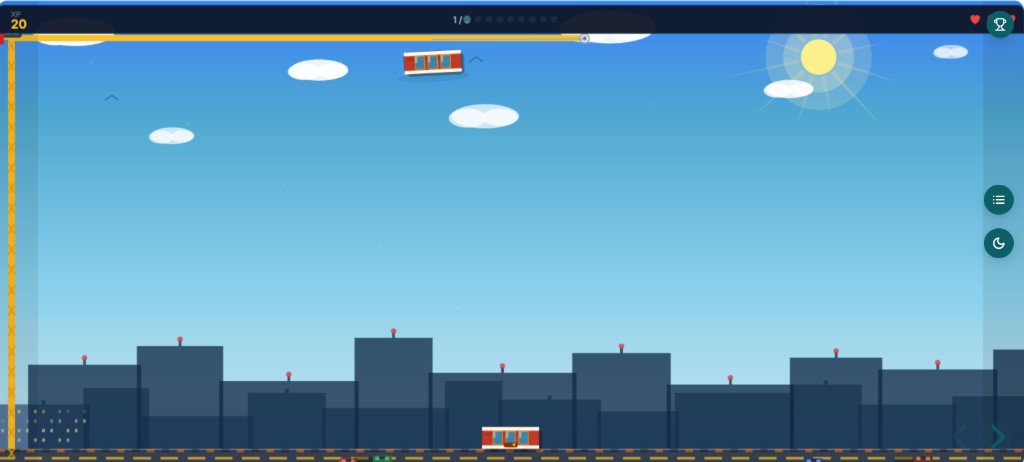 Stack Challenge game: block-stacking tower builder with crane, city skyline, and score bar
